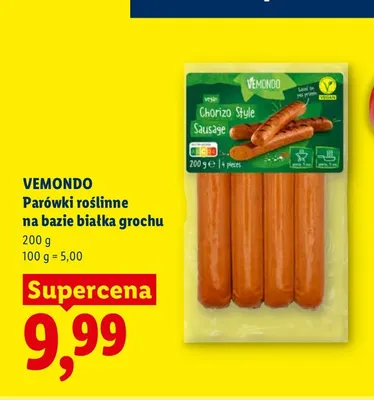 Parówki roślinne na bazie białka grochu Vemondo promocja w Lidl