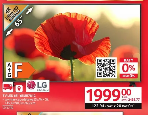 Telewizor LED LG 65'' 65UR781C 4K Ultra HD 3840x2160 145,4x90,3x26,9cm promocja w Selgros