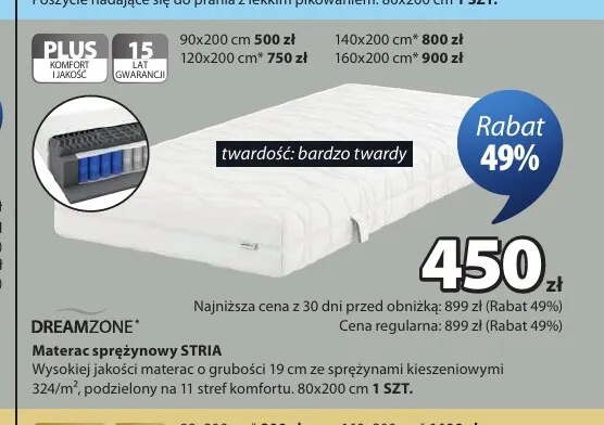 Materac sprężynowy Stria Dreamzone 80x200 cm promocja w Jysk
