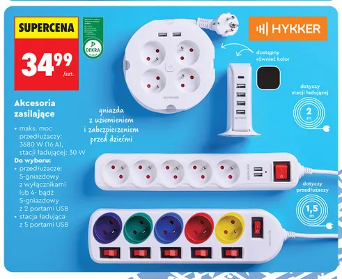 Przedłużacz 4-gniazdowy z 2 portami USB Hykker promocja w Biedronka