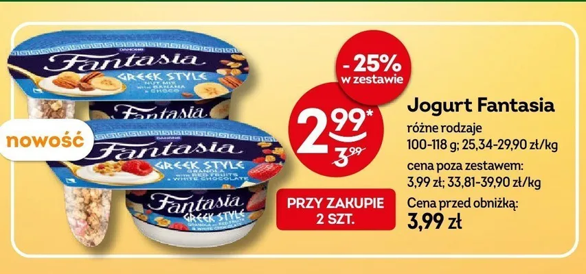 Jogurt Fantasia Greek Style Granola z czerwonymi owocami i białą czekoladą promocja w Żabka