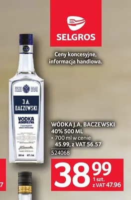 Wódka J.A. Baczewski 40% 700 ml promocja w Selgros