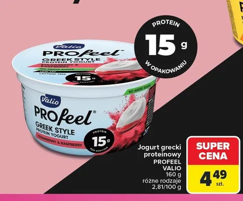 Jogurt grecki proteinowy Valio PROfeel truskawka i malina promocja w Carrefour