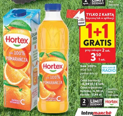 Sok 100% pomarańcza karton Hortex promocja w Intermarche