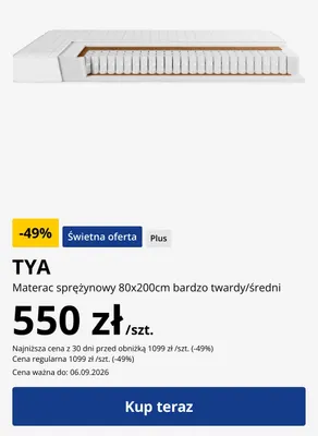 Materac sprężynowy TYA bardzo twardy/średni promocja w Jysk