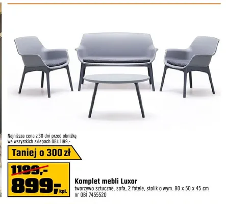 Komplet mebli Luxor tworzywo sztuczne, sofa, 2 fotele, stolik o wym. 80x50x45cm promocja w OBI