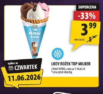 Lody rożek Top Milker promocja w Arhelan