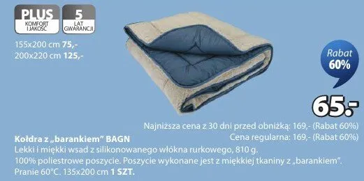 Kołdra z barankiem Bagn lekki i miękki wkład z silikonowanego włókna rurkowego, 100% poliestrowe poszycie grafit kamieniny jest z miękkiej tkaniny z barankiem 135x200cm promocja w Jysk