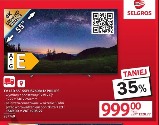 Telewizor LED 55" Philips 55PUS7608/12 promocja w Selgros