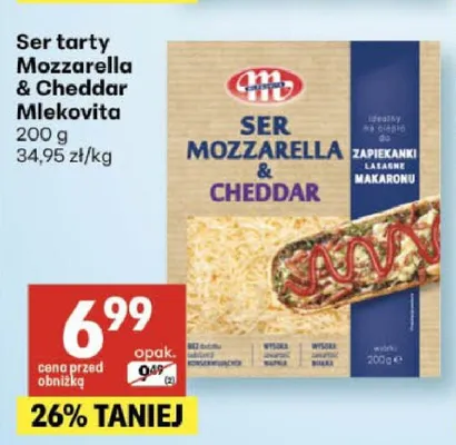 Ser tarty Mozzarella & Cheddar Mlekovita promocja w Delikatesy Centrum