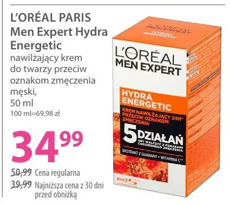 Nawilżający krem do twarzy przeciw oznakom zmęczenia męski Men Expert Hydra Energetic promocja w Hebe