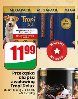 Przekąska dla psa z wołowiną Tropi Delux mięsne pałeczki promocja w Dino