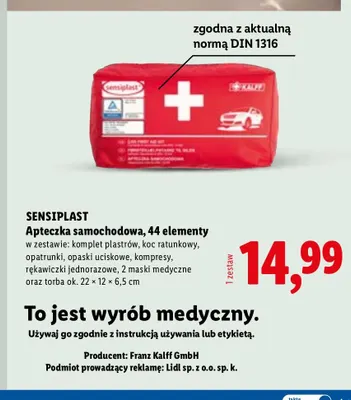 Apteczka samochodowa 44 elementy Sensiplast promocja w Lidl