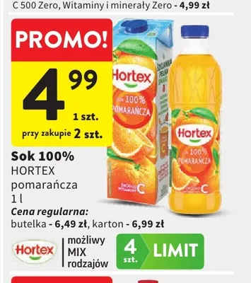 Sok pomarańcza Hortex 100% promocja w Intermarche