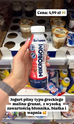 Jogurt pitny typu greckiego Bakoma Mikrobiom malina-granat promocja w Dino