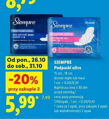 Podpaski ultra Maxi Siempre promocja w Lidl