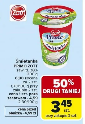 Śmietanka Primo Zott zaw. tł. 30% promocja w Carrefour