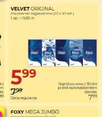 Chusteczki higieniczne Velvet Original promocja w Drogerie Jawa