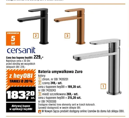 Bateria umywalkowa Cersanit Zuro miedź szczotkowana promocja w OBI