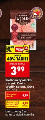 Kiełbasa żywiecka z szynki Kraina Wędlin Select promocja w Biedronka