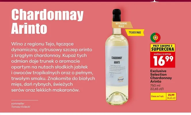Wino Exclusive Selection Chardonnay Arinto promocja w Biedronka