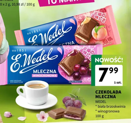 Czekolada mleczna biała brzoskwinia, winogronowa promocja w Intermarche