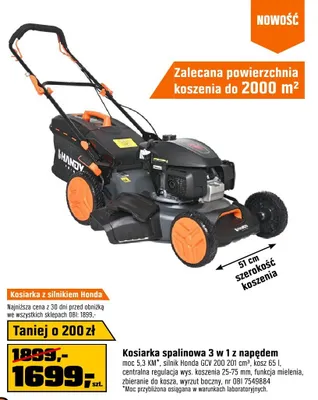 Kosiarka spalinowa 3 w 1 z napędem z silnikiem Honda moc 5,3KM silnik Honda GCV 200 201cm³ kosz 65l centralna regulacja wys. koszenia 25-75mm funkcja mielenia zbieranie do kosza wyrzut boczny promocja w OBI
