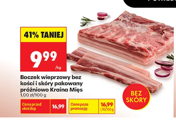 Boczek wieprzowy bez kości i skóry pakowany próżniowo Kraina Mięs promocja w Biedronka