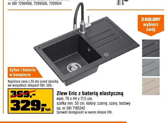 Zlew Eric z baterią elastyczną i syfonem 70x44x17,5cm promocja w OBI