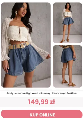 Szorty jeansowe Renee High Waist z bawełny z elastycznym paskiem promocja w Renee