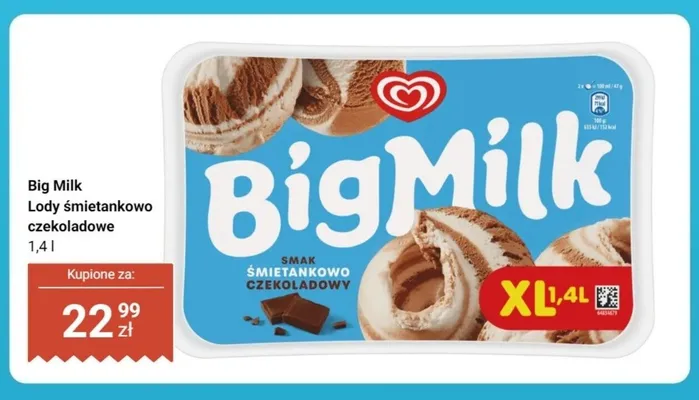 Lody śmietankowo-czekoladowe Big Milk promocja w Dino