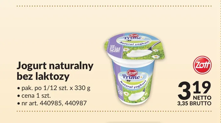 Jogurt naturalny bez laktozy Primo Zott promocja w Makro
