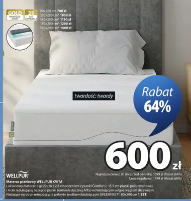 Materac piankowy Wellpur Kvita 90x200 cm promocja w Jysk