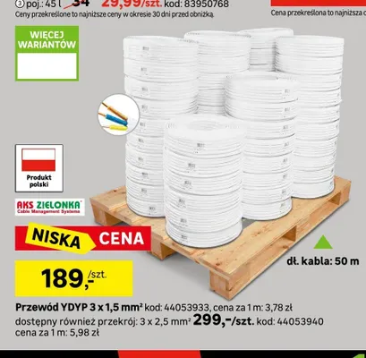 Przewód YDYP 3x1,5mm² AKS Zielonka 50 m promocja w Leroy Merlin