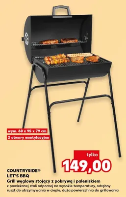 Grill węglowy stojący z pokrywą i paleniskiem Countryside Let's BBQ wym. 60x95x79cm 2 otwory wentylacyjne promocja w Kaufland