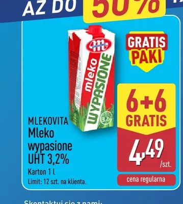 Mleko UHT wypasione Mlekovita 3,2% promocja w Aldi
