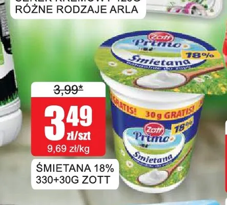 Śmietana 330+30 g Zott 18% promocja w Bingo