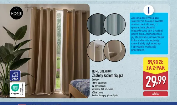 Zasłony zaciemniające 2-pak Home Creation 140x245 cm promocja w Aldi