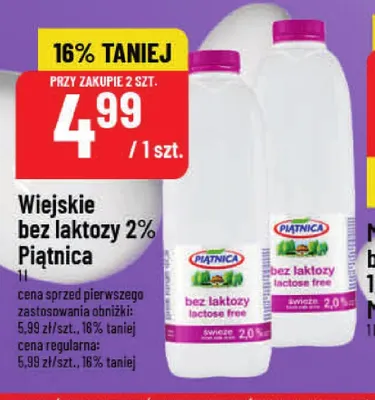 Mleko wiejskie bez laktozy Piątnica 2% promocja w POLOmarket