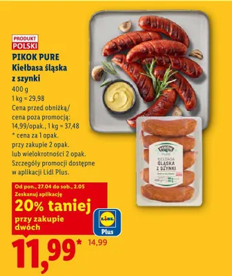 Kiełbasa śląska z szynki Pikok Pure promocja w Lidl
