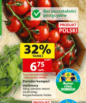 Pomidor kampari malinowy odmiana tatami bez pozostałości pestycydów polski promocja w Auchan