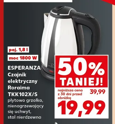 Czajnik elektryczny Esperanza Roraima TKK102X/S 1,8 l promocja w Kaufland