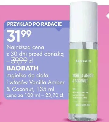 Mgiełka do ciała Baobath Vanilla Amber & Coconut promocja w Super-Pharm