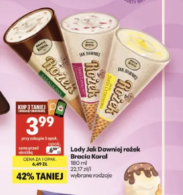 Lody Jak Dawniej rożek śmietankowy z wiśniami Bracia Koral promocja w Delikatesy Centrum