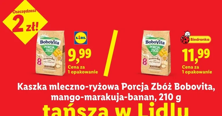 Kaszka mleczno-ryżowa Porcja Zbóż Bobovita mango-marakuja-banan promocja w Lidl