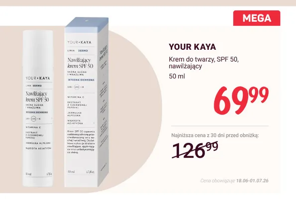 Krem do twarzy SPF 50 nawilżający Your Kaya promocja w Rossmann
