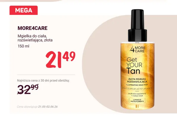 Mgiełka do ciała rozświetlająca złota MORE4CARE promocja w Rossmann