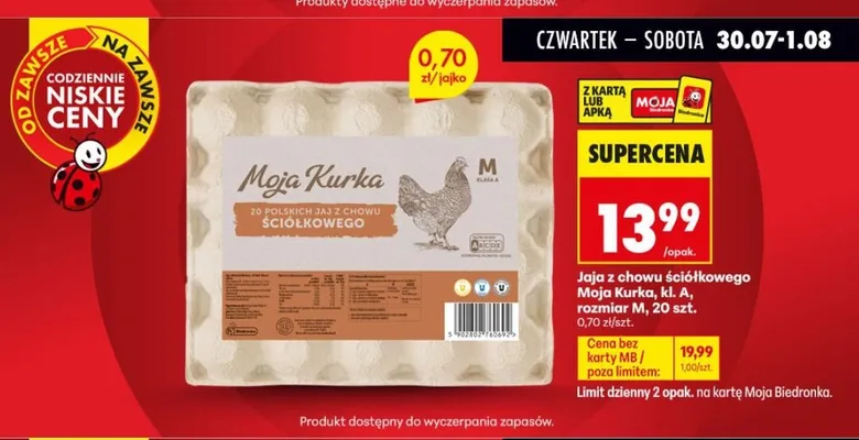 Jaja z chowu ściółkowego Moja Kurka klasa A rozmiar M promocja w Biedronka