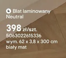 Blat laminowany Neutral wym. 62x3,8x300cm biały mat promocja w Castorama