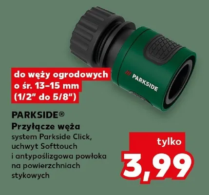 Przyłącze węża Parkside do węży ogrodowych o śr. 13-15mm (1/2" do 5/8") system Parkside Click uchwyt Softtouch promocja w Kaufland